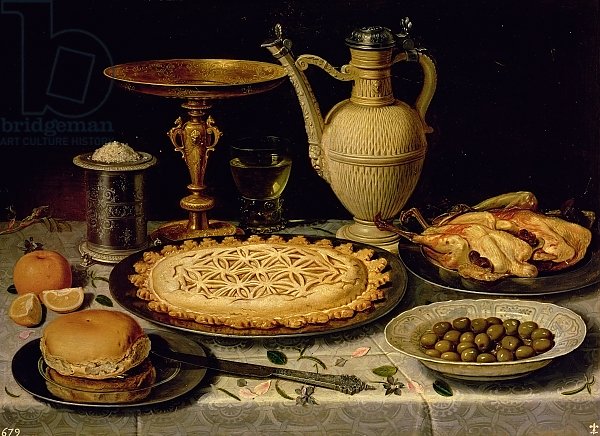 Still life with a tart, roast chicken, bread, rice and olives