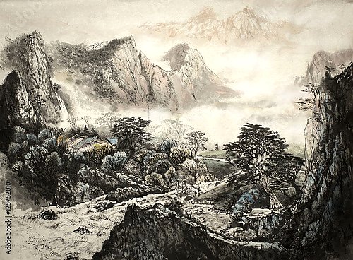 Китайский горный пейзаж в тумане