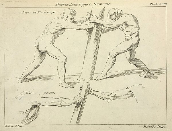 Studies of two figures pushing against a pillar