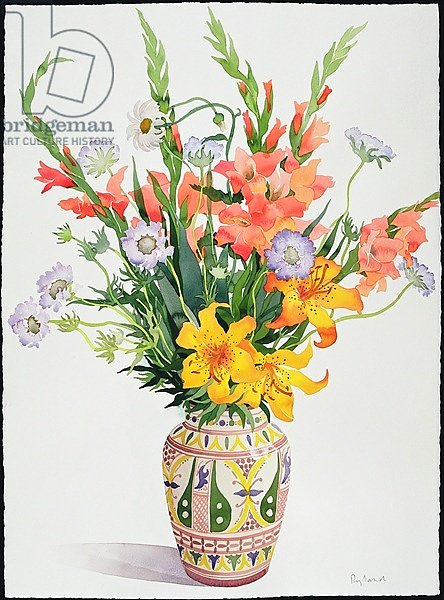 Orange and Blue Flowers in a Moroccan Vase