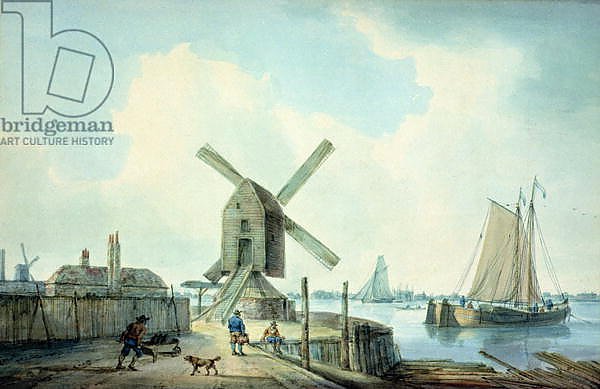 A Shore Scene with Windmills and Shipping