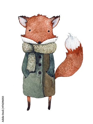 Акварельная иллюстрация милой лисицы в пальто