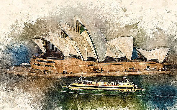 Сиднейский оперный театр акварелью