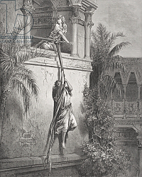 Постер Доре Гюстав The Escape of David through the Window, illustration from Dore's 'The Holy Bible', 1866 Постер Доре Гюстав The Escape of David through the Window, illustration from Dore's 'The Holy Bible', 1866