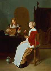 Постер Брекеленкам Квиринг An interior with a lute player and a woman holding a parrot Постер Брекеленкам Квиринг An interior with a lute player and a woman holding a parrot