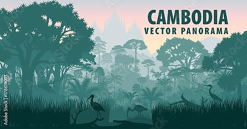 Панорама Камбоджи с крокодилом, цаплями в джунглях 