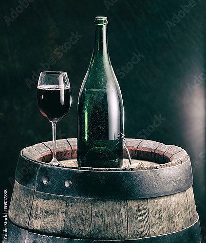 Стакан красного вина и бутылка вина на дубовом бочонке 