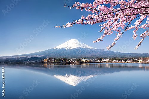 Япония. Гора Фуджи с цветущими ветками