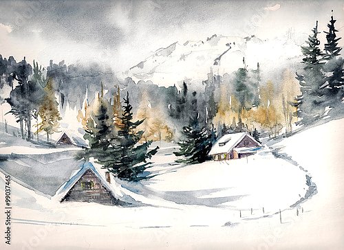 Зимний пейзаж с горной деревней, покрытой снегом