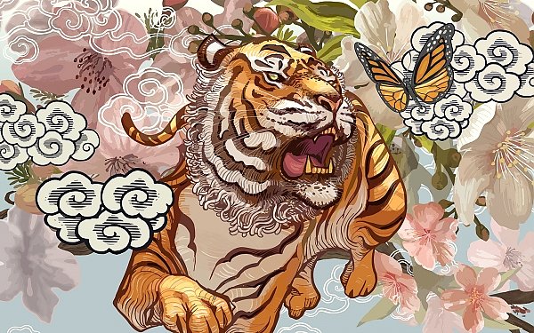 Тигр и бабочка на фоне вишневых цветов