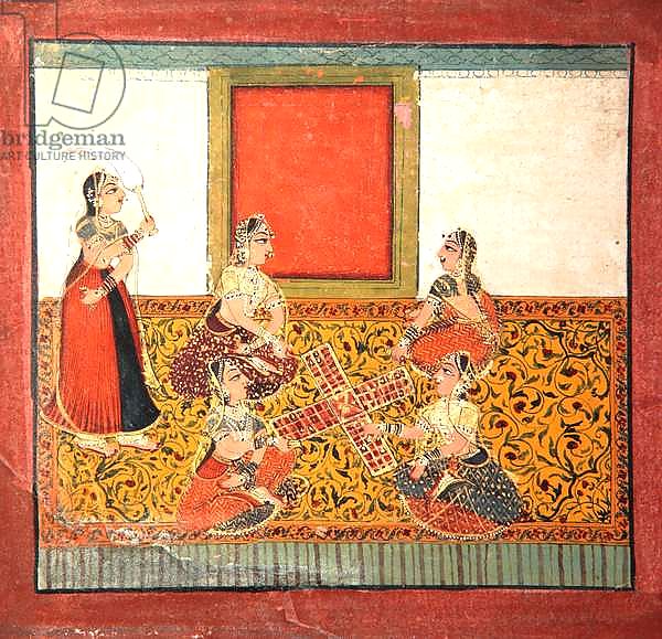 Women playing Parcheesi, seated on a yellow patterned floor spread, c.1725