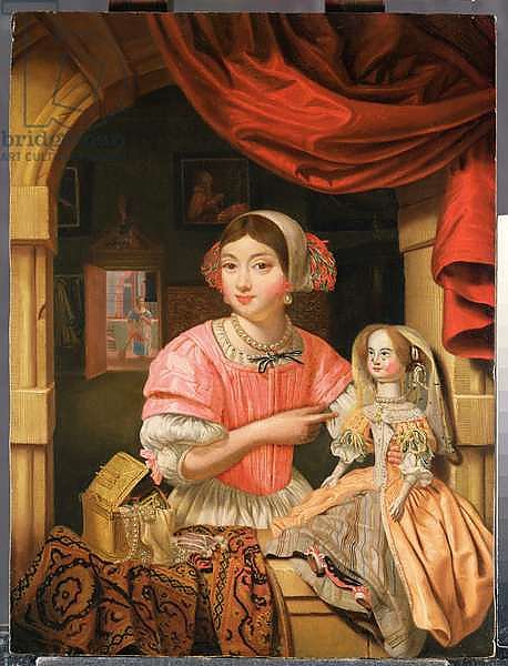 Girl holding a doll in an interior with a maid sweeping behind