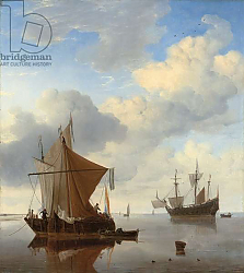Постер Вельде Вильям A calm - a smalschip and a kaag at anchor with an English man-o'-war beyond Постер Вельде Вильям A calm - a smalschip and a kaag at anchor with an English man-o'-war beyond