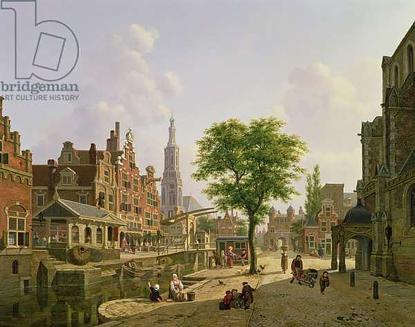 Dutch town scene with canal