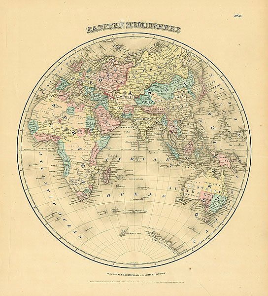 Карта мира в виде полушарий: восточное полушарие, 1855 г. 1