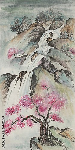 Китайский горный пейзаж с цветами вишни