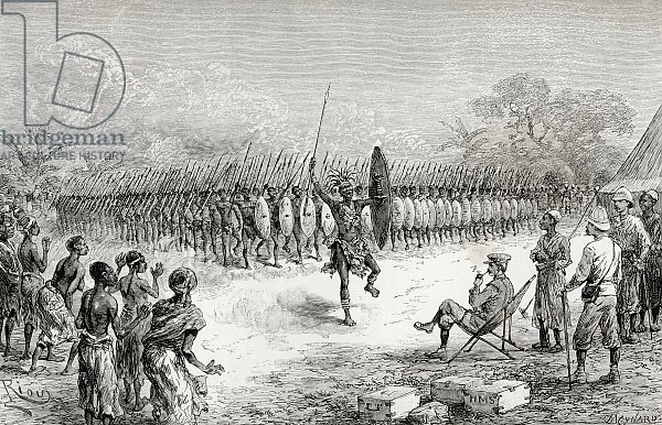 Sir Henry Morton Stanley watching a phalanx dance by Mazamboni's warriors at Usiri, 1890