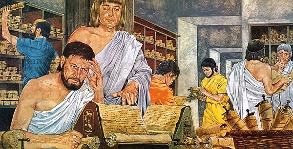 Scholars at work in the famed library of Alexandria