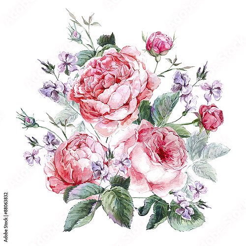 Акварельный букет из розовых роз и фиолетовыми цветками