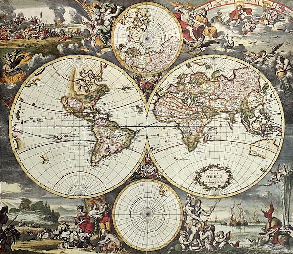 Old map of world hemispheres. Created by Frederick De Wit, published in Amsterdam, 1668