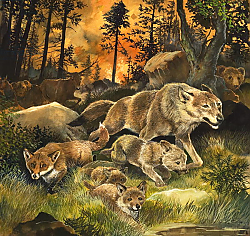 Постер Бэкхаус Д. (совр) Animals united in terror as they flee from a forest fire, 1970 Постер Бэкхаус Д. (совр) Animals united in terror as they flee from a forest fire, 1970