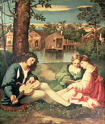 Постер Джорджоне Youth with a guitar and two girls sitting on a river bank Постер Джорджоне Youth with a guitar and two girls sitting on a river bank