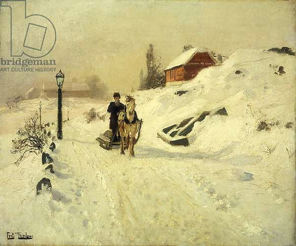 A horse-drawn sleigh in a winter landscape