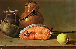 Постер Мелендес Луис Still Life with a Piece of Salmon, a Lemon and Kitchen Utensils Постер Мелендес Луис Still Life with a Piece of Salmon, a Lemon and Kitchen Utensils