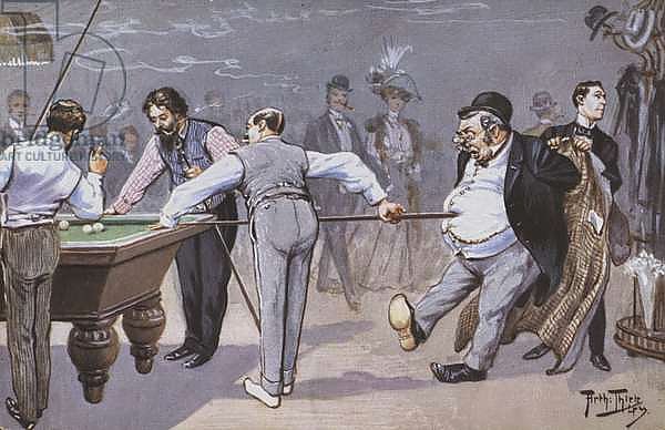 Comical  scene in a billiards hall
