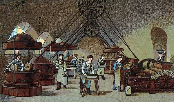 Chocolate manufacture: grinding workshop. Chromolithography of the end of the 19th century