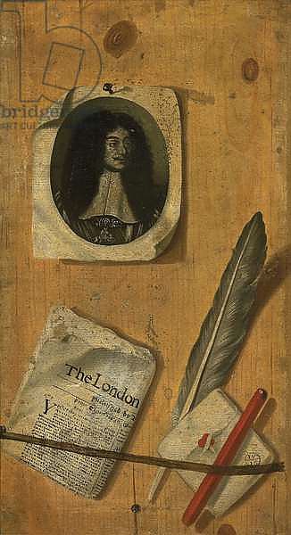 A trompe-l'oeil letter rack, with an engraving of King Charles II, a newspaper, a quill, a pen and a penknife