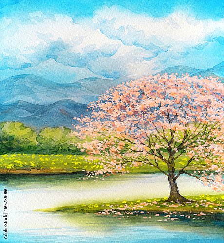 Цветущее розовое дерево на озере