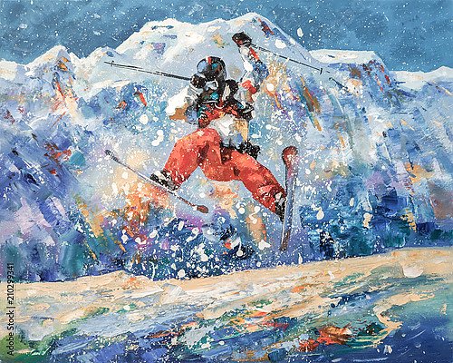  Лыжник в полете на фоне снежных гор