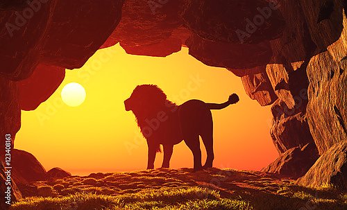 Силуэт льва в пещере на фоне заката 