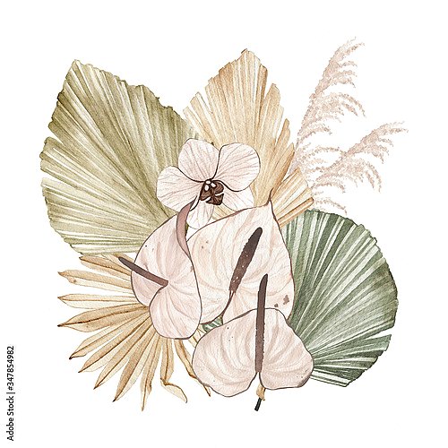 Летний тропический букет с цветами каллы и сушеными  пальмовыми листьями