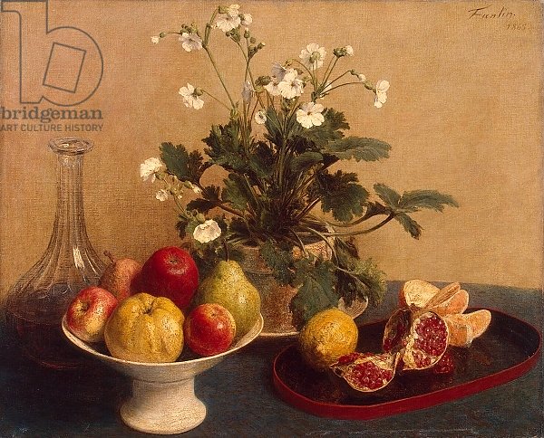 Flowers, dish with fruit and carafe, 1865