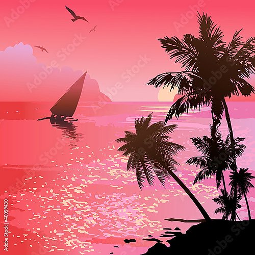 Парусник в море на розовом закате