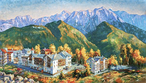  Осень в горах Красной Поляны. Горный пейзаж горнолыжного курорта Роза Хутор