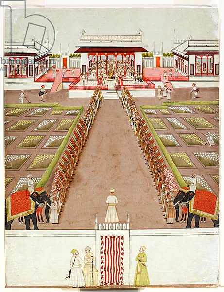 A Nawab holding court within a pavilion, beyond an avenue of retainers and two elephants, c.1765