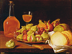 Постер Мелендес Луис Still Life with a plate of figs and pomegranates, bread and wine Постер Мелендес Луис Still Life with a plate of figs and pomegranates, bread and wine