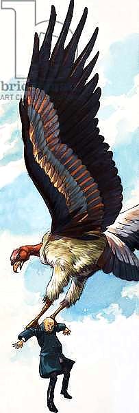 Unidentified folk tale illustration of man being carried by giant bird