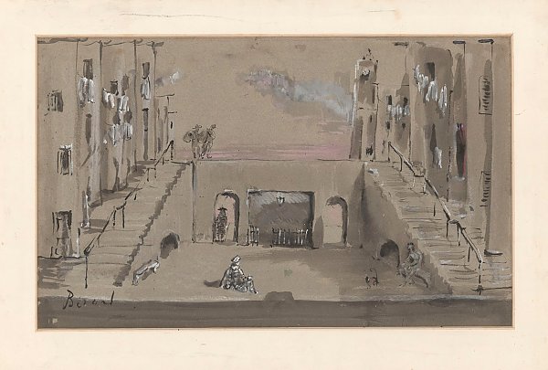 Les fourberies de Scapin – maquette de décor – rue avec venelles en escalier à droite et à gauche