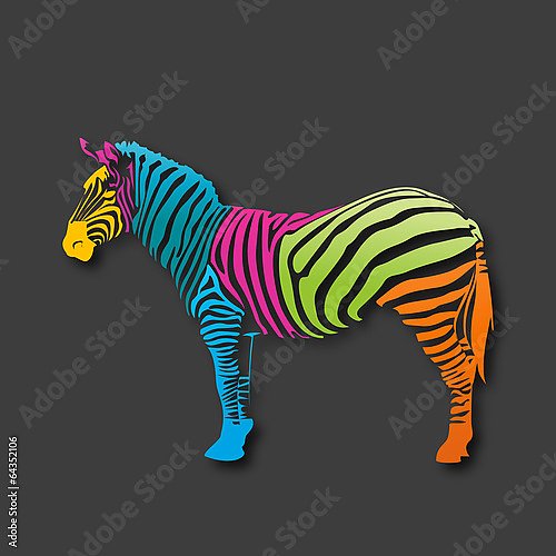 Зебра с цветными полосками на сером фоне