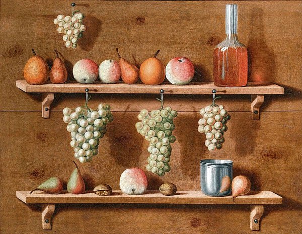 Trompe Of Pears, Apples And Nuts Resting On Ledges And Bunches Of Grapes Hanging From Ledges All Within A Painted Frame