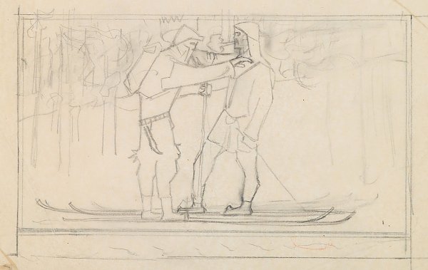 The Great Kalevala, sketch. Skiers.