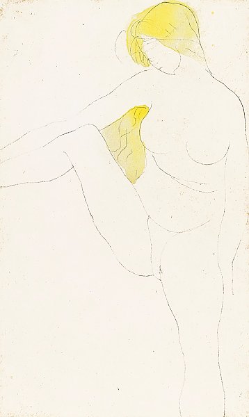 Femme nue assise tenant sa jambe droite écartée