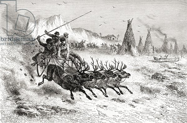 Samoyeds from Caborova on a Sleigh pulled by Reindeer, 1878