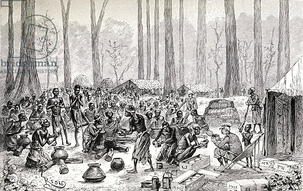 Scouts serving out milk and butter for broth to starving Pygmy natives, 1890