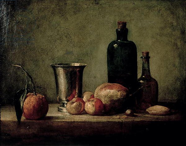 Still-life with Silver Beaker, Fruit and Bottles on a Table
