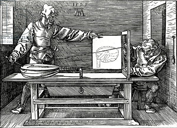 An artist drawing a lute with the aid of a perspective apparatus, illustration 1525